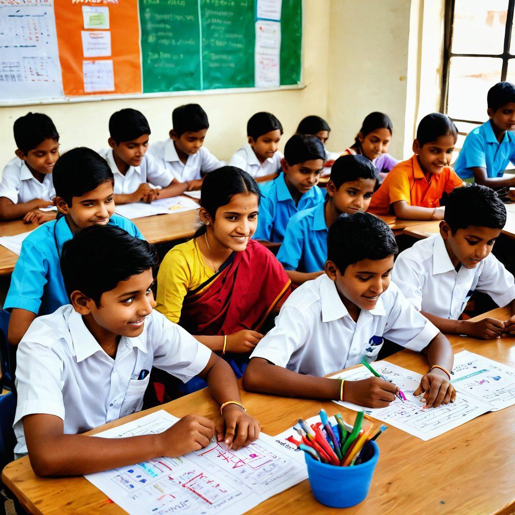 A vibrant classroom scene in Maharashtra filled with diverse students engaged in hands-on skill development activities, showcasing joy and collaboration. Include elements like colorful charts, art supplies, and technology, with expressions of happiness and success on their faces. Capture the essence of learning and growth in a warm, inviting atmosphere. super-realistic. vibrant colors.