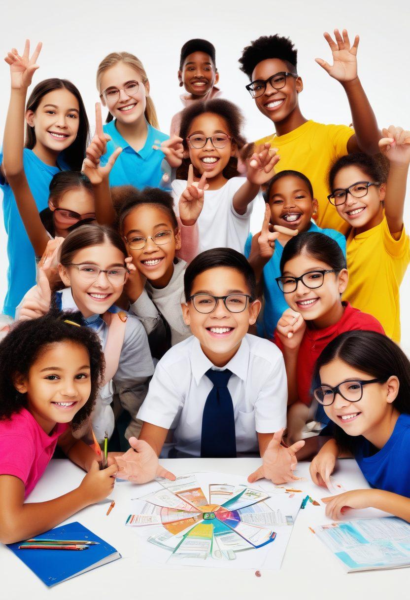 A vibrant classroom scene with diverse students engaged in hands-on skill development activities, showcasing joy and collaboration. Include a backdrop of motivational posters emphasizing academic excellence and personal growth. Bright colors, smiling faces, and elements like books, tools, and technology to represent learning and creativity. super-realistic. vibrant colors. white background.