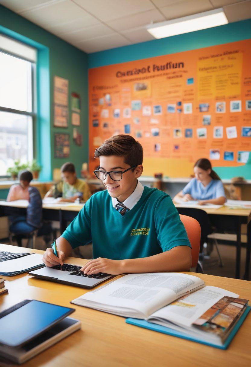 A vibrant classroom scene transitioning seamlessly into a professional office environment, showcasing a diverse group of students engaging with digital tools and technology, symbolizing academic growth and career readiness. Incorporate elements like books, laptops, and enthusiastic expressions, with a backdrop of motivational quotes about education and success. The color palette should be bright and inspiring, creating a sense of optimism and opportunity. super-realistic. vibrant colors.